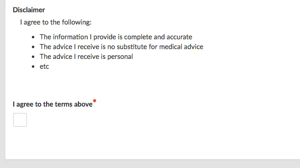 example disclaimer and checkbox
